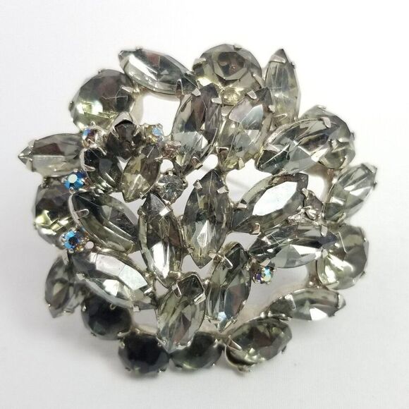 Vintage Gray Rhinestone Cluster Brooch, Marquise Shape, Silver Tone, 2 Inch - Picture 1 of 6